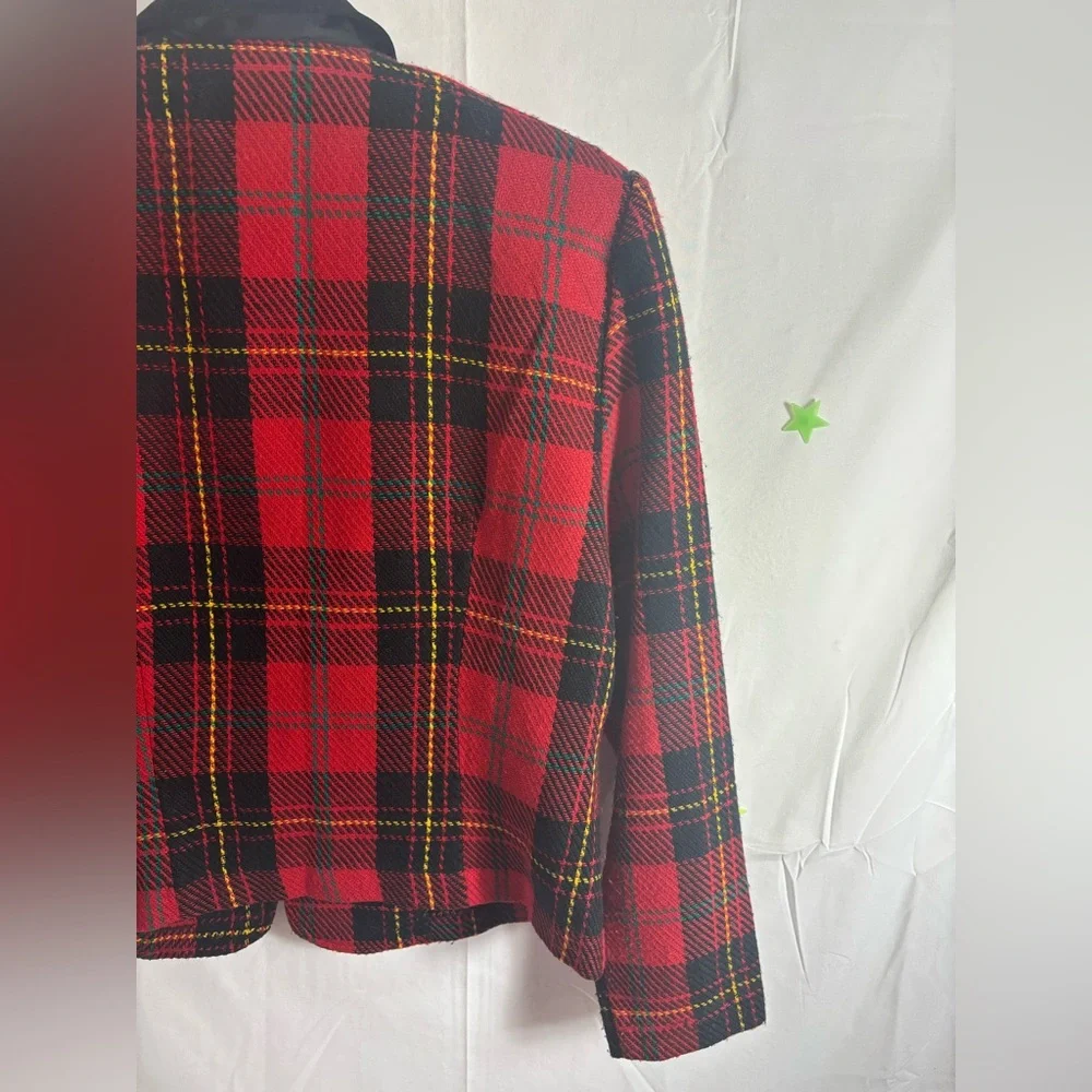 VTG Red+Black Plaid Bomber Jacket Faux‎ Suede Collar Gold+Black Epaulet Size S/M